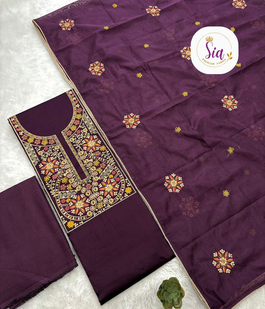 Kashmiri Embroidery Dress Materials - Wine color Dress