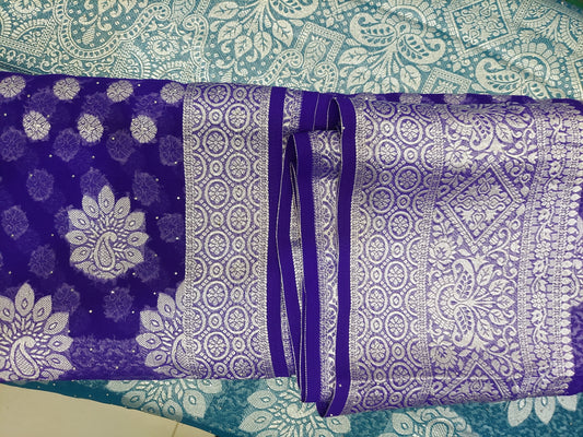 Purple chiffon brasso saree with Peacock motifs and Heavy Zari Border - Sia Premium Fabric