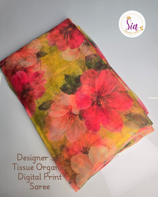 Yellow Pink Floral- Sia Designer Soft Tissue Organza Digital Print Saree
