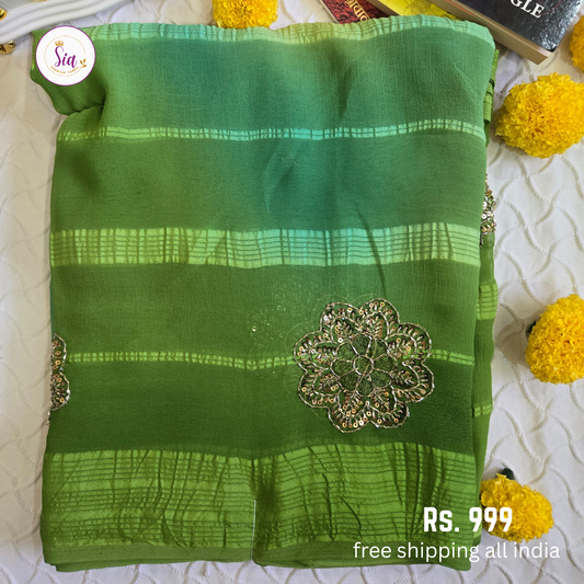Green - Chiffon Sarees - With blouse - With Embroidry butta