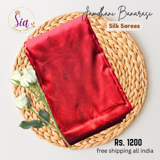 Red Soft Silk Saree with floral borders and zari butti