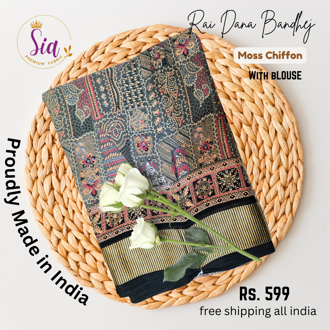 Rai dana Bandhej prints Moss chiffon saree with satin borders