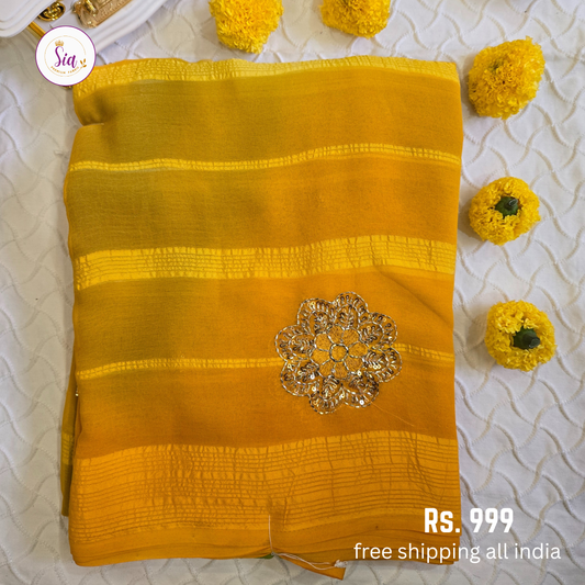 Yellow - Chiffon Sarees - With blouse - With Embroidry butta