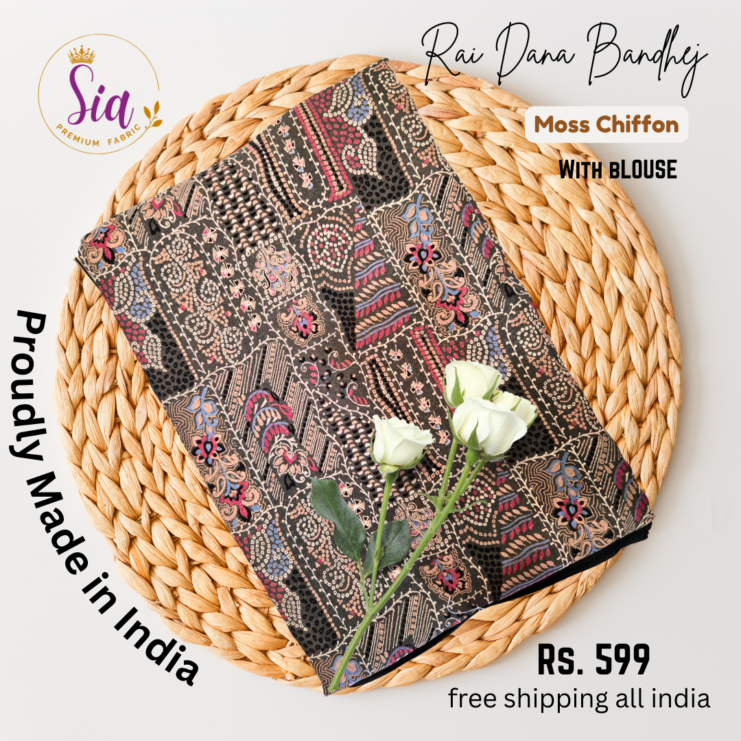 Rai dana Bandhej prints Moss chiffon saree with satin borders