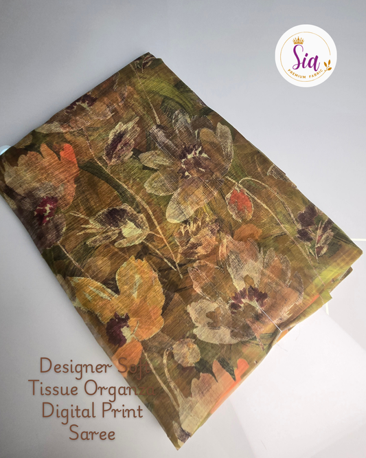 Rustic Brown Yellow Floral- Sia Designer Soft Tissue Organza Digital Print Saree