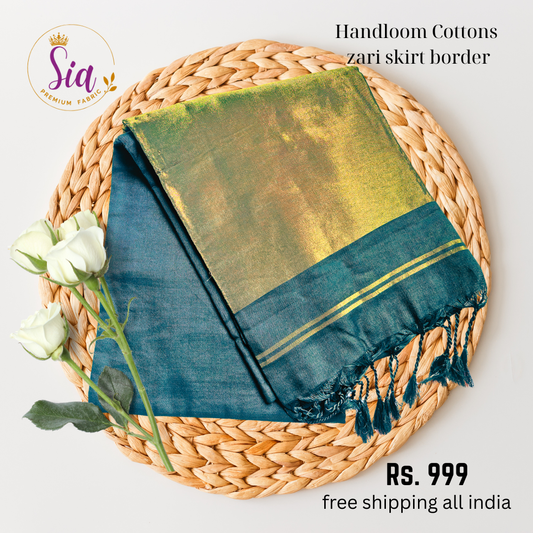 Bluish Green with Zari border - Handloom khadi cotton sarees