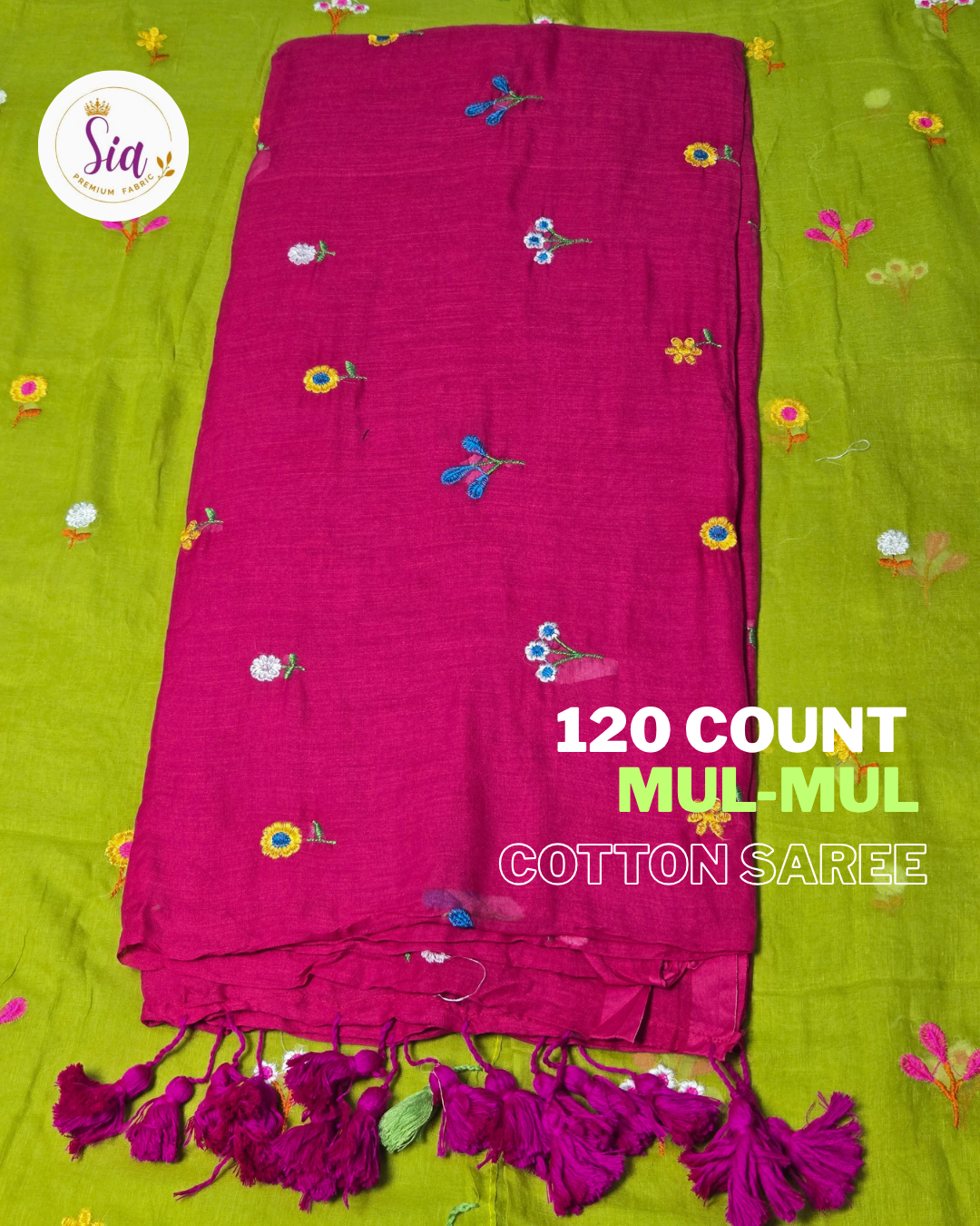 Pink - Mul-Mul cotton, 120 thread count with embroidered floral motifs.