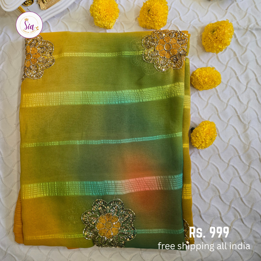 Green - Chiffon Sarees - With blouse - With Embroidry butta