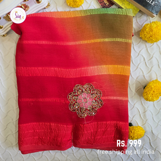 Red - Chiffon Sarees - With blouse - With Embroidry butta