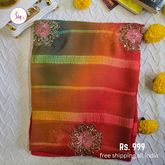 Red - Chiffon Sarees - With blouse - With Embroidry butta