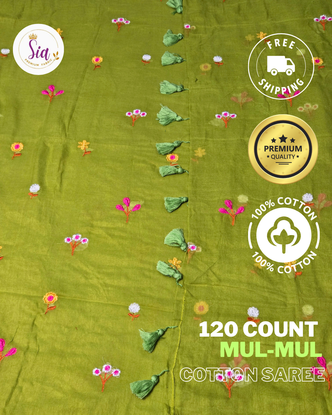 Green - Mul-Mul cotton, 120 thread count with embroidered floral motifs.