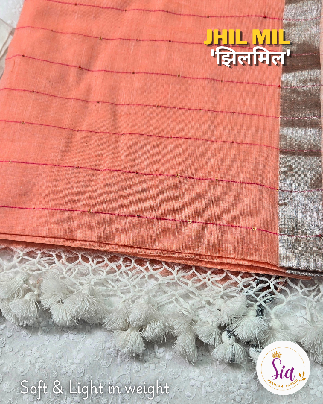 Peach - 'झिलमिल' Jhil mil, Mul cotton with sequence work