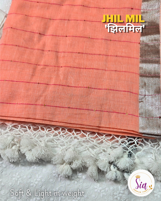 Peach - 'झिलमिल' Jhil mil, Mul cotton with sequence work