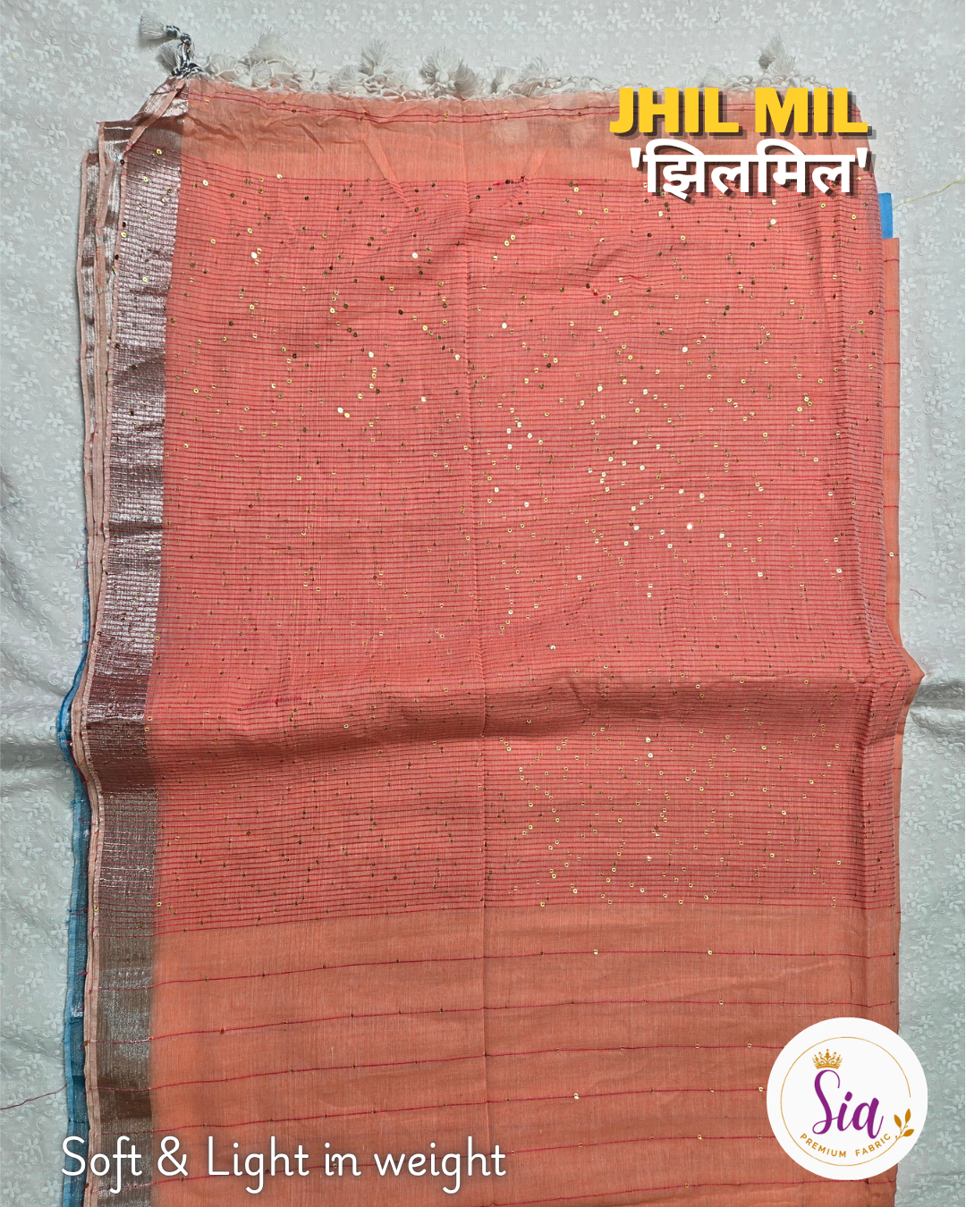 Peach - 'झिलमिल' Jhil mil, Mul cotton with sequence work