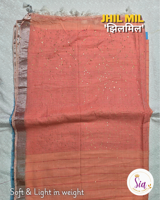 Peach - 'झिलमिल' Jhil mil, Mul cotton with sequence work