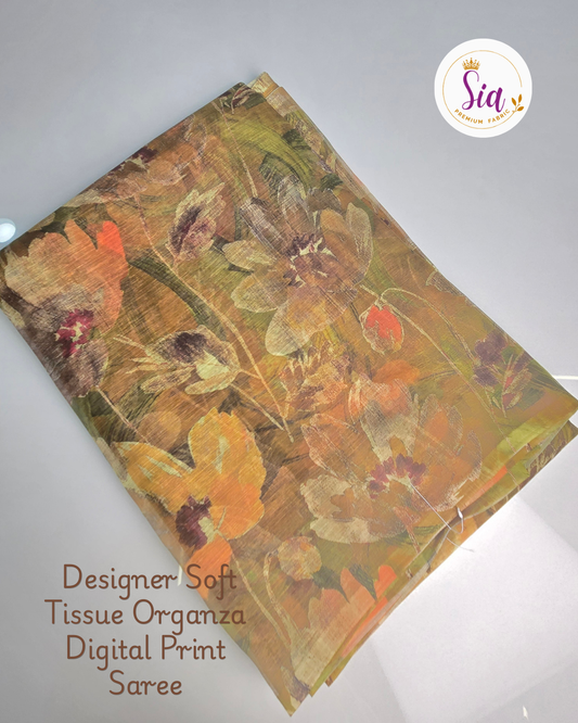 Sea Sand Brown Floral- Sia Designer Soft Tissue Organza Digital Print Saree