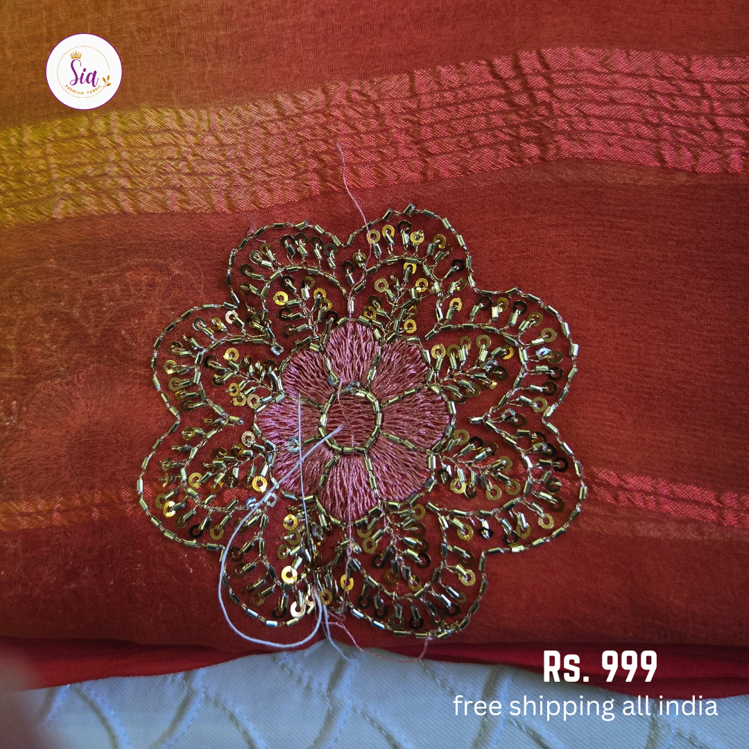 Red - Chiffon Sarees - With blouse - With Embroidry butta
