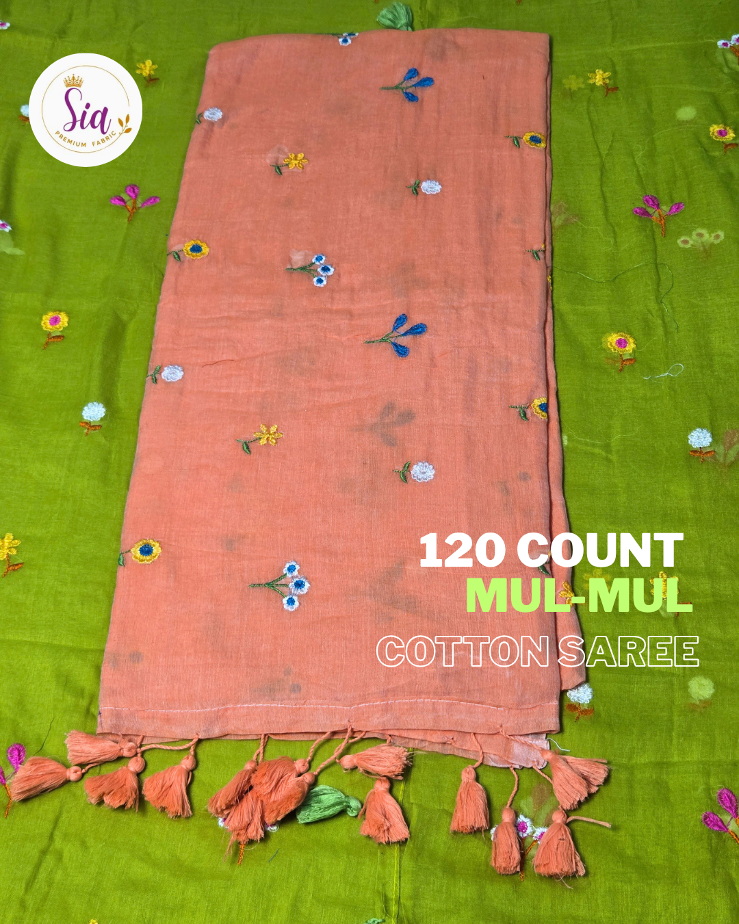 Peach - Mul-Mul cotton, 120 thread count with embroidered floral motifs.