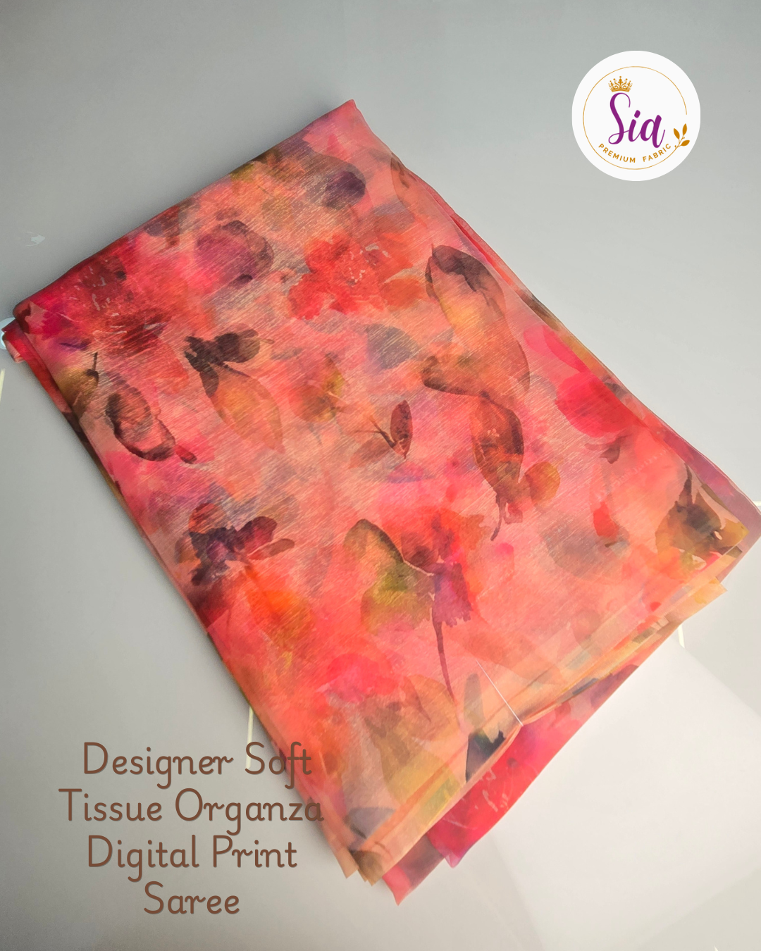 Peach / Carrot Orange Floral- Sia Designer Soft Tissue Organza Digital Print Saree
