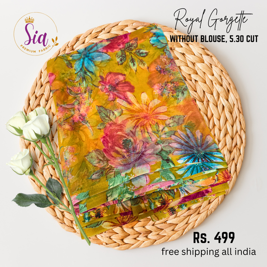Floral Prints - MUSTARD YELLOW - Royal Gorgette without blouse sarees