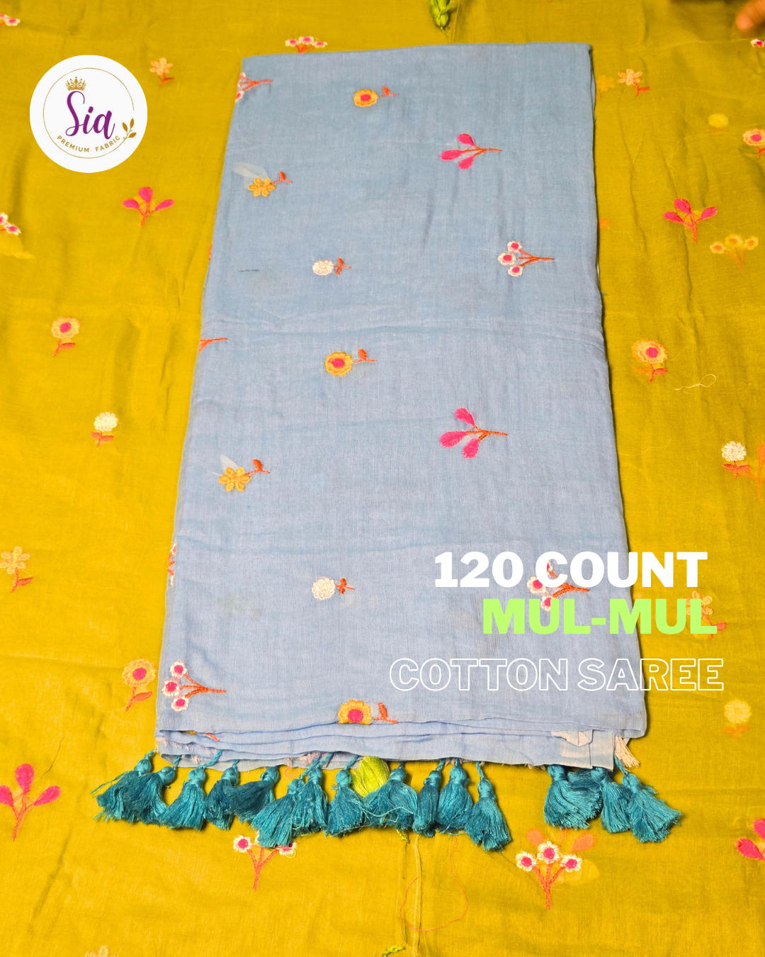 Grey- Mul-Mul cotton, 120 thread count with embroidered floral motifs.