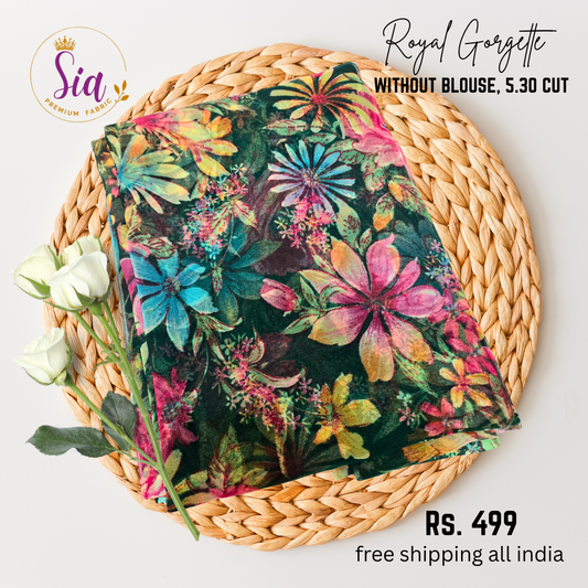 Floral Prints - GREEN - Royal Gorgette without blouse sarees