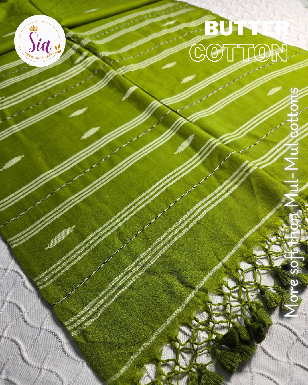 Mehndi Green / Olive green - BUTTER SOFT PREMIUM Mul-Mul cotton, 120 thread count with embroidered motifs.