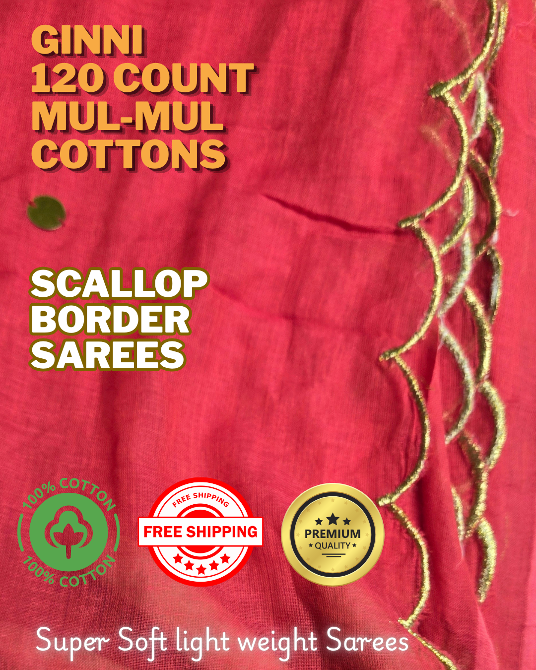 Peach/ Gajri Shade - GINNI Work - Mul-Mul cotton, 120 thread count with Scallop border.
