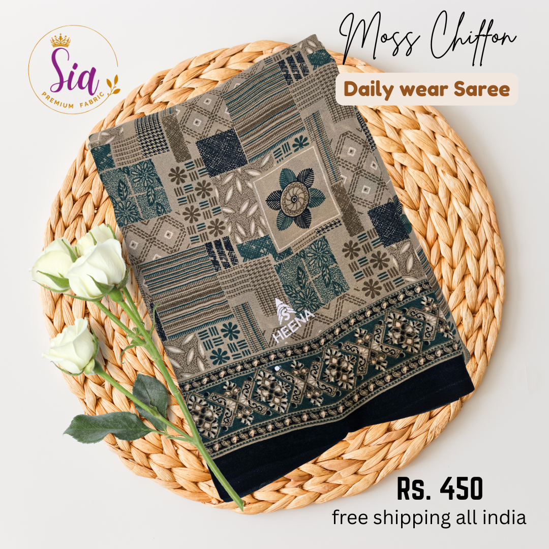 Cream, maroon, green colors - Moss chiffon