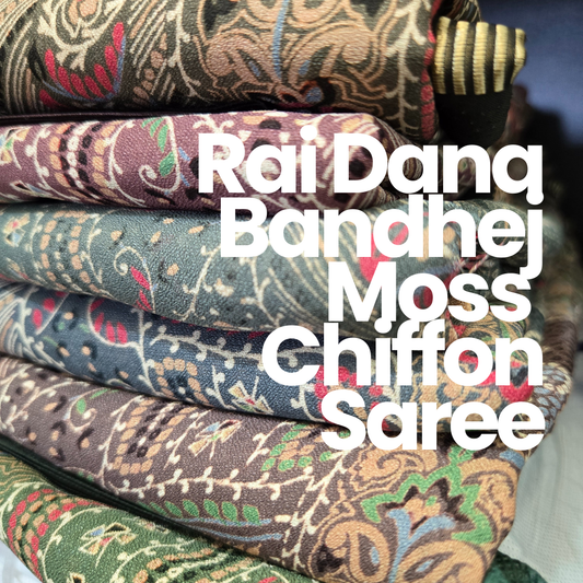 Rai dana Bandhej prints Moss chiffon saree with satin borders