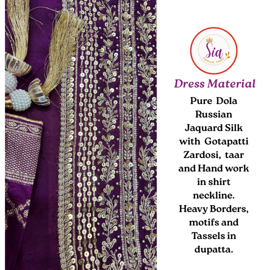 Pure Dola Russian Jacquard Silk Dress Material - Dark Deep Purple