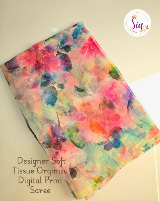 Beige Florals - Sia Designer Soft Tissue Organza Digital Print Saree
