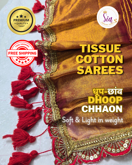 Copper Red Gold - धूप Dhoop छाँव chaaon, soft tissue sarees with beautiful lace borders and tassels.
