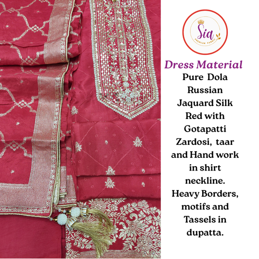 Pure Dola Russian Jacquard Silk Dress Material Red Color