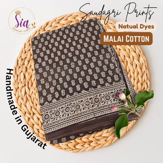Saudagri Block Print MALAI Cotton Saree, Blend of Coffee and Dark Grey color, natural dye.