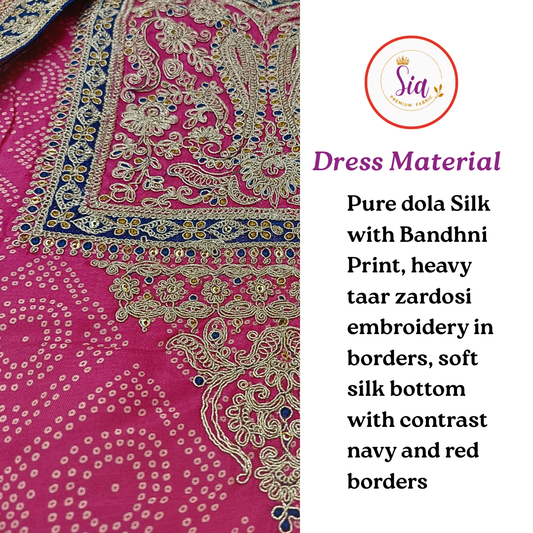 Pure Dola Silk Dress Material with classic bandhni print , Rich Rani Pink color