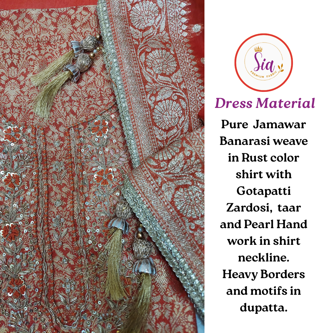 Stunning Pure Jamawar Banarasi Weave Shirt in a rich Rust hue