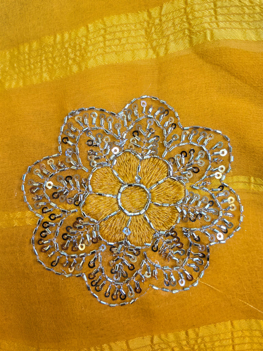 Yellow - Chiffon Sarees - With blouse - With Embroidry butta