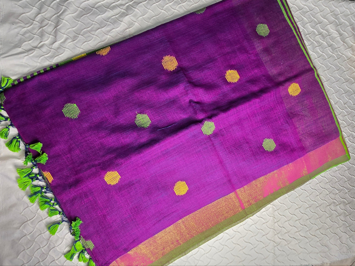 Purple/Green - Multicolored Khadi Cotton Sarees with Geometrical motifs