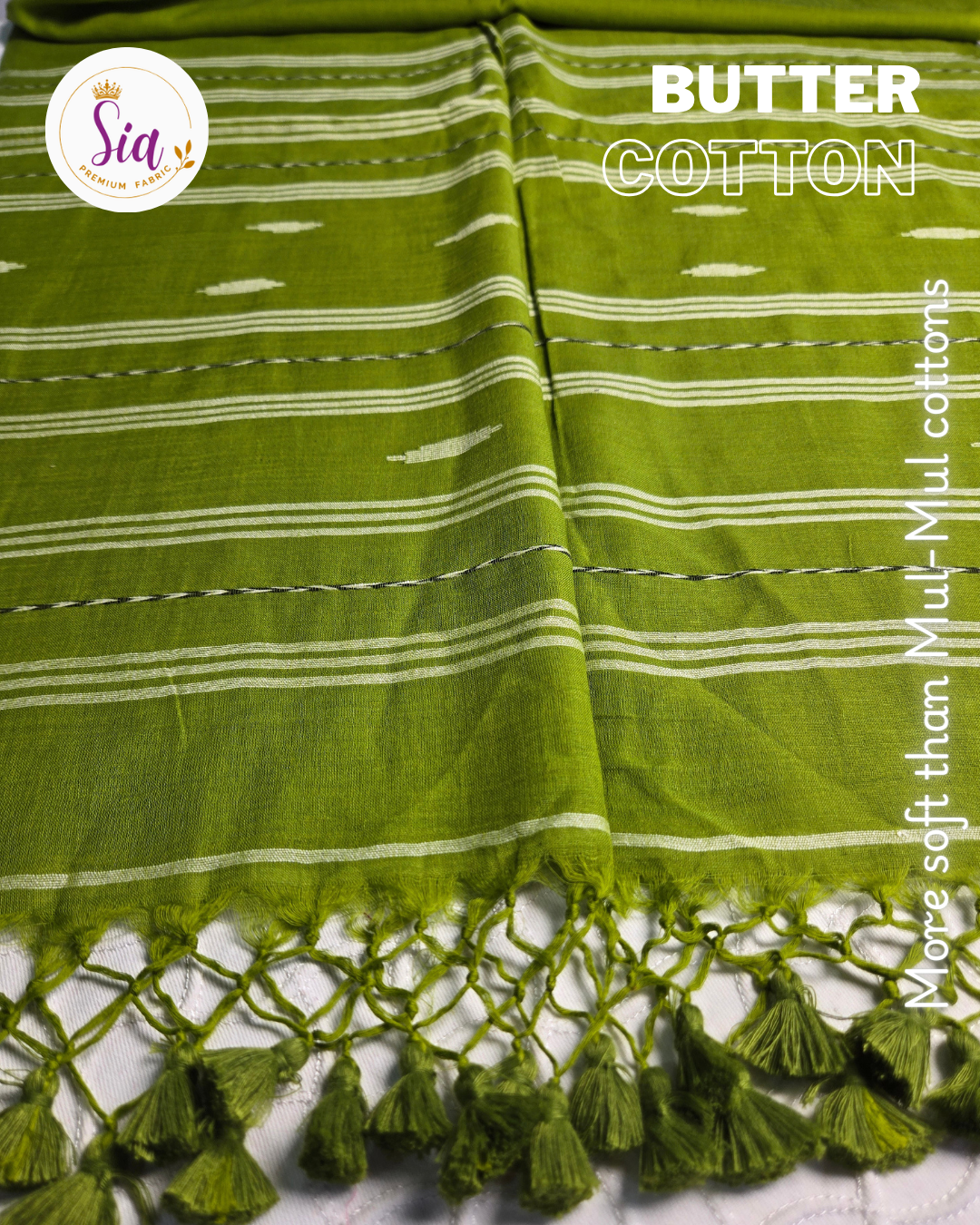 Mehndi Green / Olive green - BUTTER SOFT PREMIUM Mul-Mul cotton, 120 thread count with embroidered motifs.