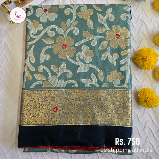 Light blue - Dull Moss Sarees - Mirror work, Piping contrast border and Foil Prints