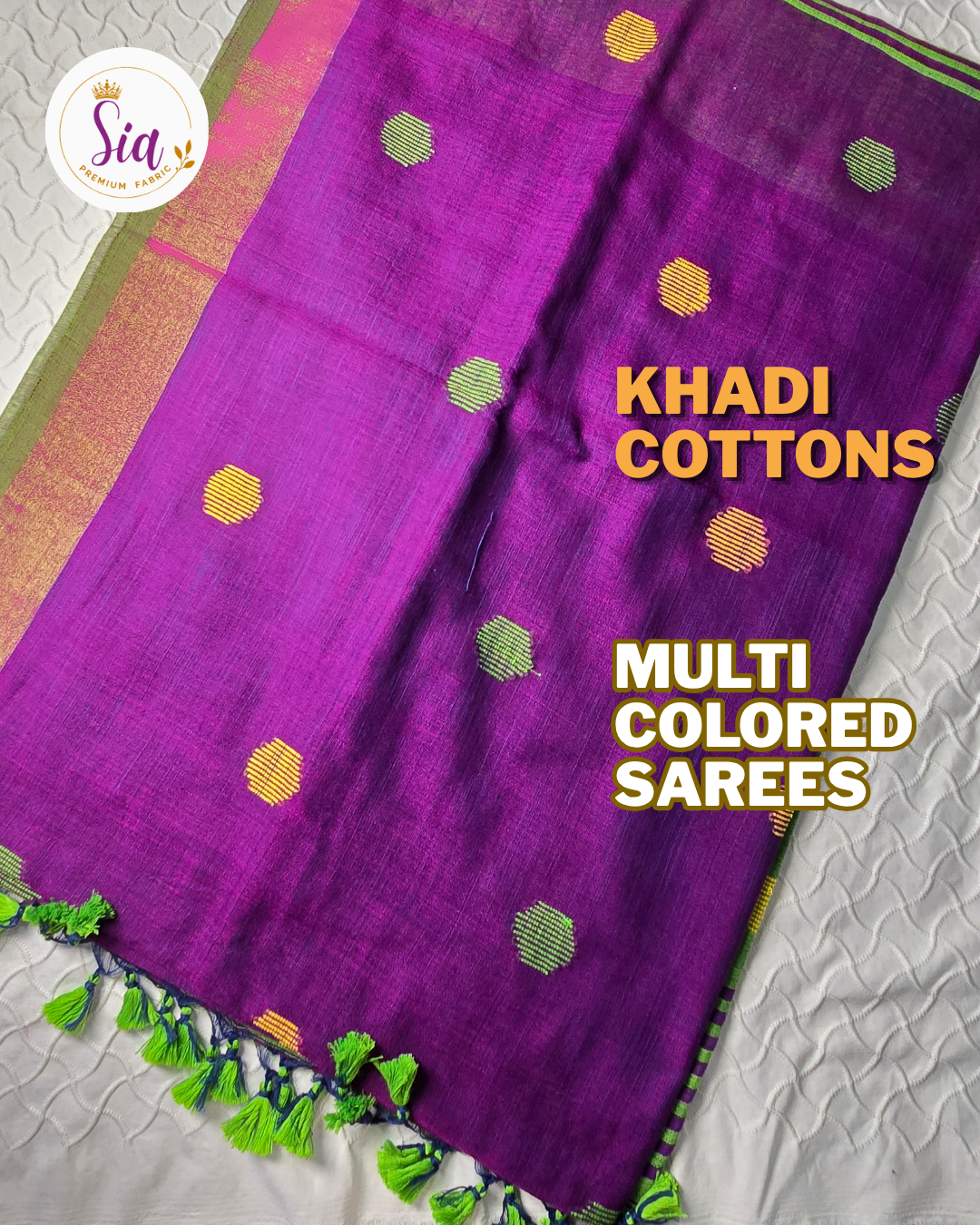 Purple/Green - Multicolored Khadi Cotton Sarees with Geometrical motifs