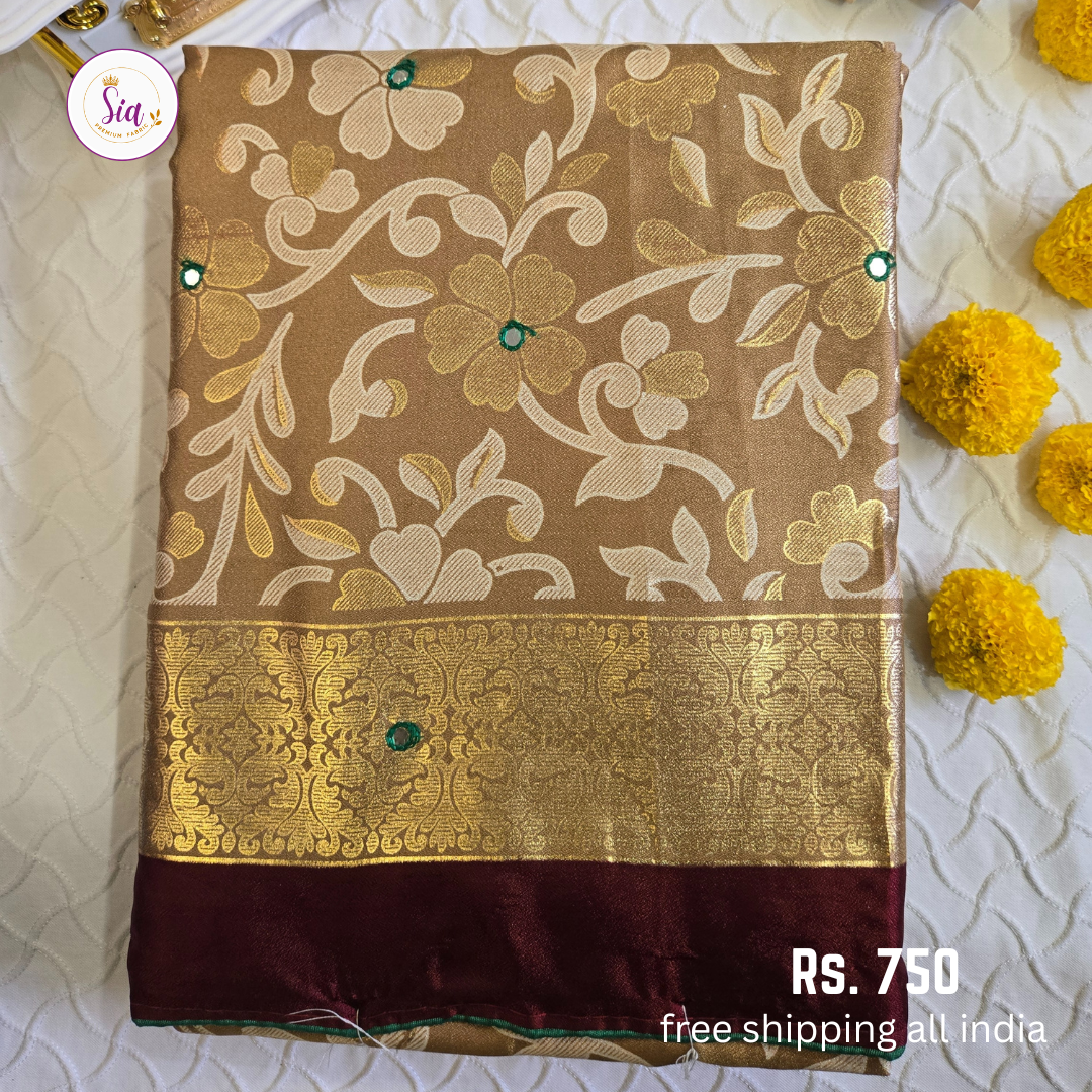 Gold color - Dull Moss Sarees - Mirror work, Piping contrast border and Foil Prints