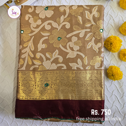 Gold color - Dull Moss Sarees - Mirror work, Piping contrast border and Foil Prints