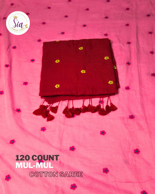Red - Mul-Mul cotton, 120 thread count with embroidered floral motifs.