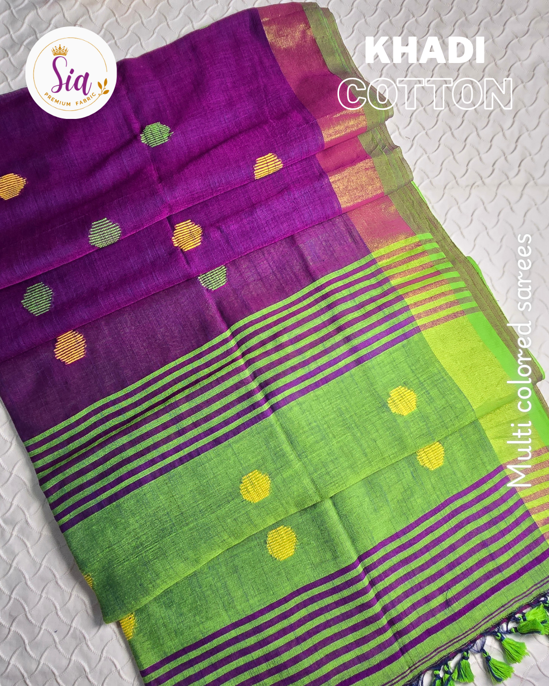 Purple/Green - Multicolored Khadi Cotton Sarees with Geometrical motifs