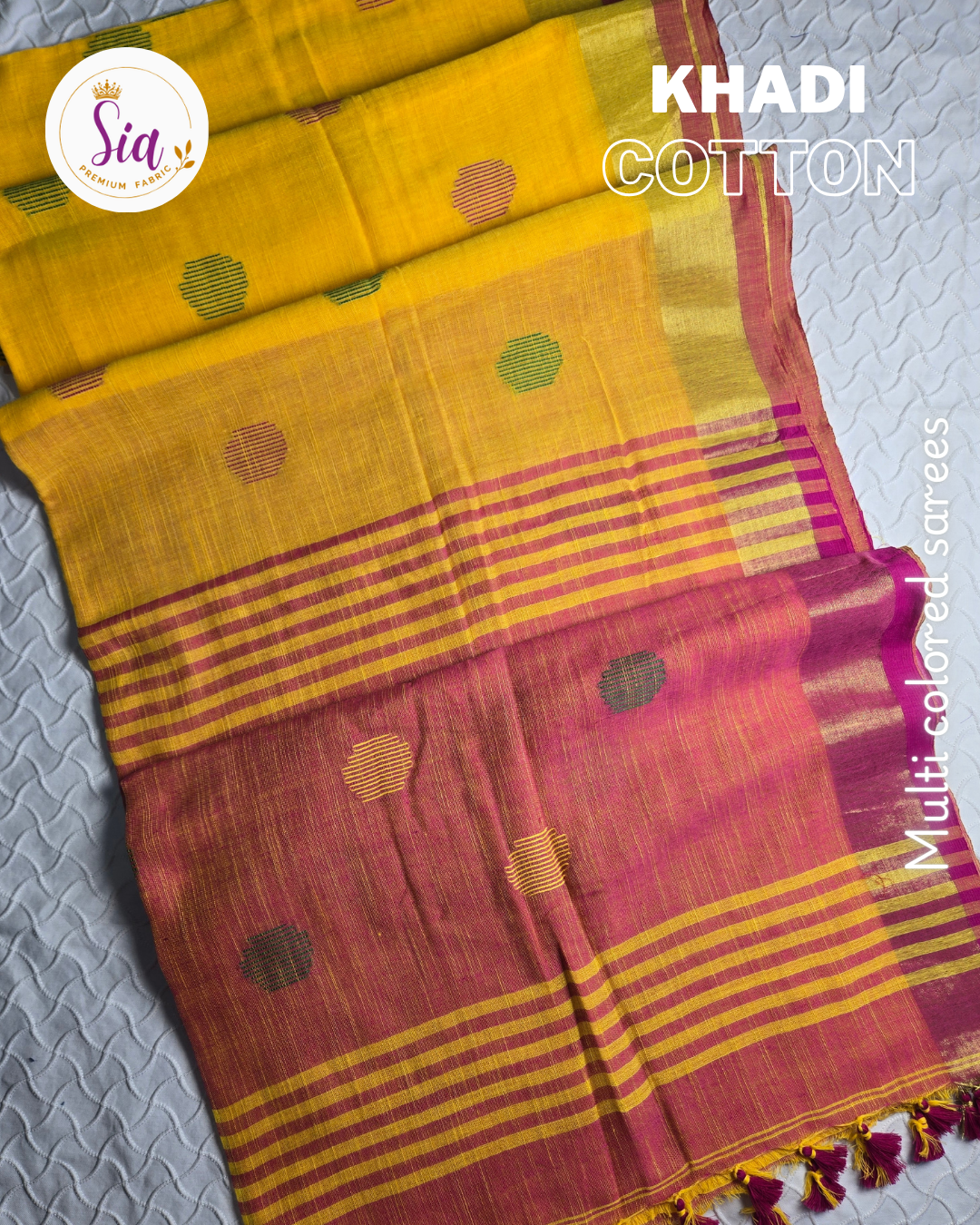 Yellow/Pink - Multicolored Khadi Cotton Sarees with Geometrical motifs