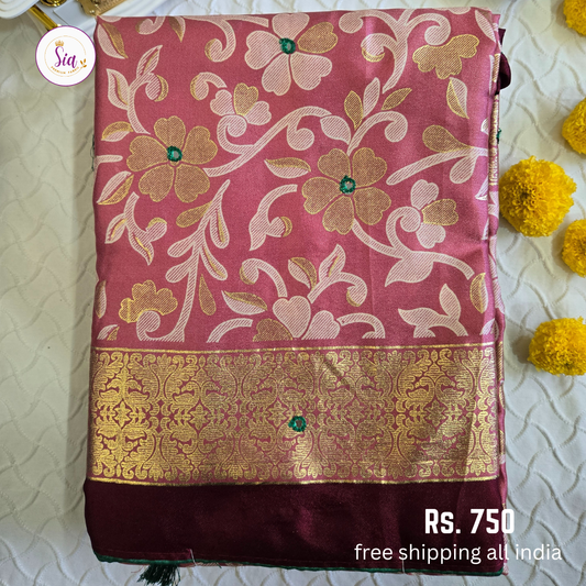Light Pink - Dull Moss Sarees - Mirror work, Piping contrast border and Foil Prints