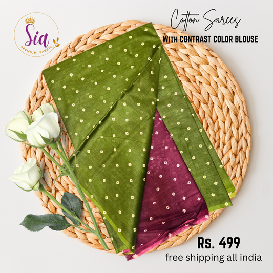 Bandhej Cottons - Green - simple cotton saree, with blouse piece