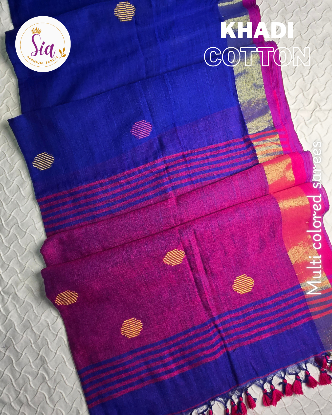 Blue/Pink - Multicolored Khadi Cotton Sarees with Geometrical motifs